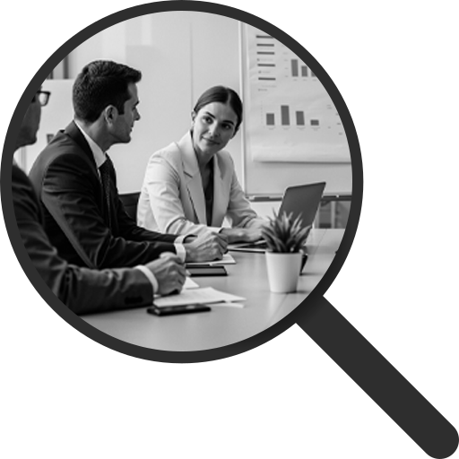 Two business people discussing at a desk, shown in a magnifying glass with a laptop and charts in the background.