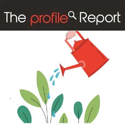 The Profile Report logo above a red watering can watering green leaves