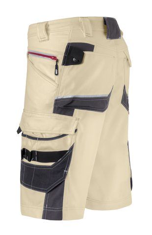 Une paire de shorts beige et noir avec des poches sur le côté.