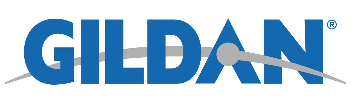 Un logo bleu et blanc pour Gildan sur fond blanc