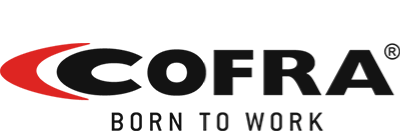Le logo de cofra est noir et rouge et dit né pour travailler.