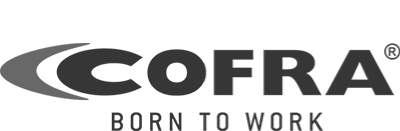 Le logo de cofra est noir et blanc et dit né pour travailler.