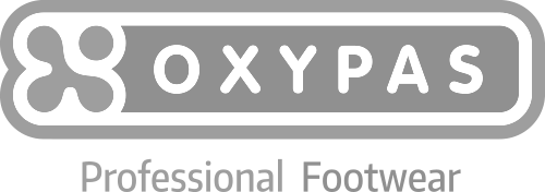 Le logo des chaussures professionnelles oxypas est gris et blanc.
