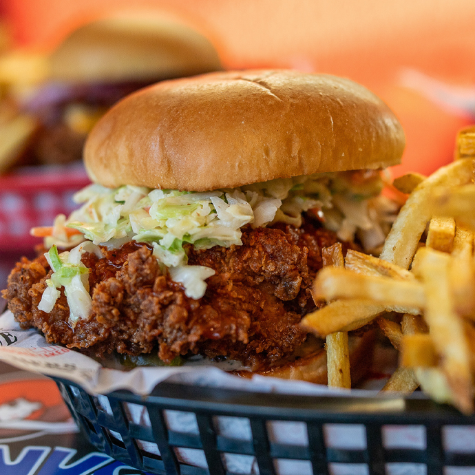 Close up of Clucker's Korean Clucker sandwich.
