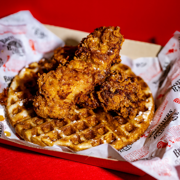 Close up of Clucker's Chicken and Waffles.