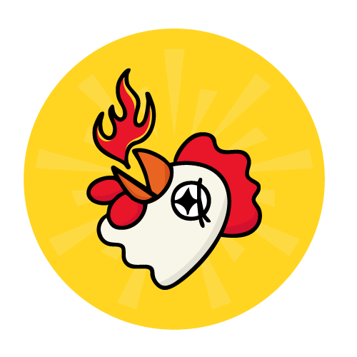 Icon of a cartoon chicken breathing fire.