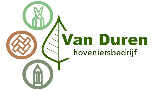 Een logo van hoveniersbedrijf Van Duren die tuinen aanlegt, ontwerpt en onderhoudt.