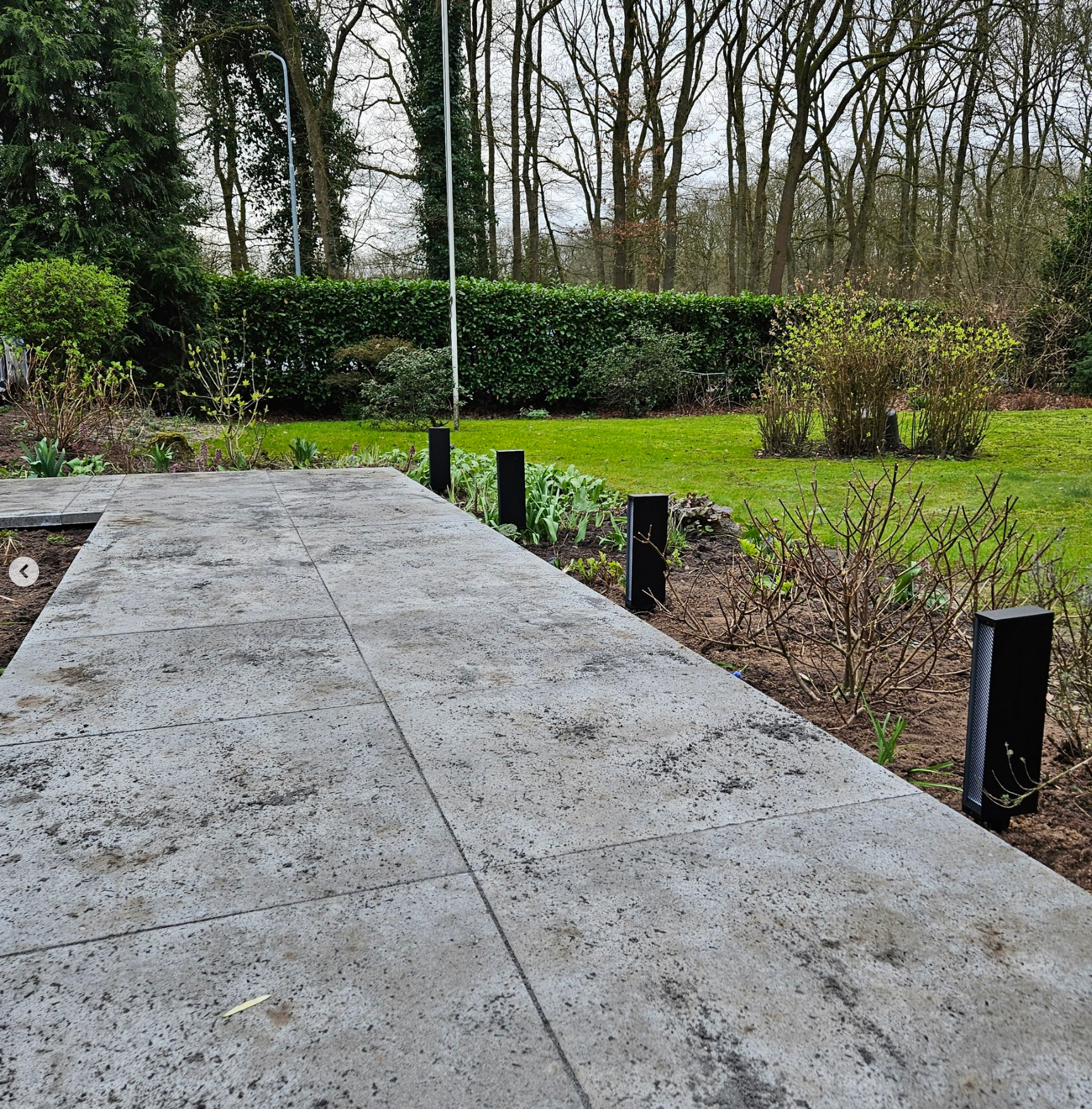 Een betegeld pad in een tuin met bomen op de achtergrond