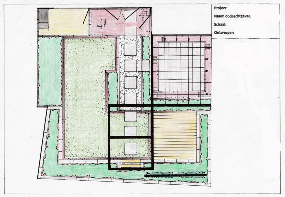 Een getekend ontwerp van een tuin.
