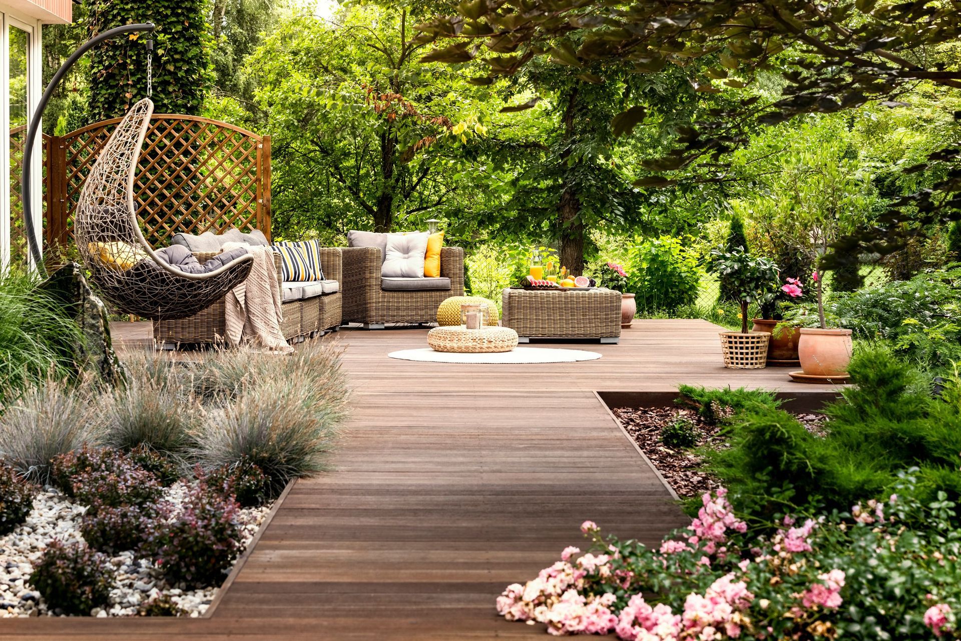 beautiful wooden terrace garden furniture surrounded