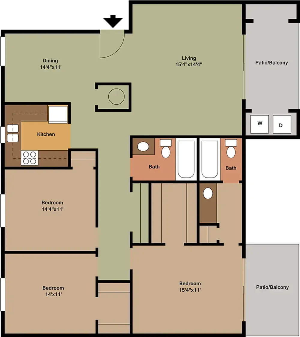 A floor plan of a house with three bedrooms