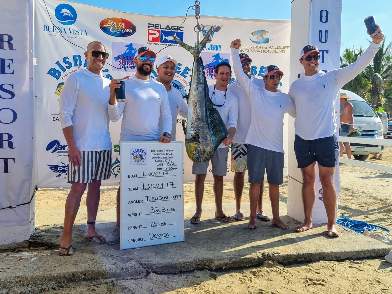 Un grupo de hombres parados frente a un cartel que dice resort