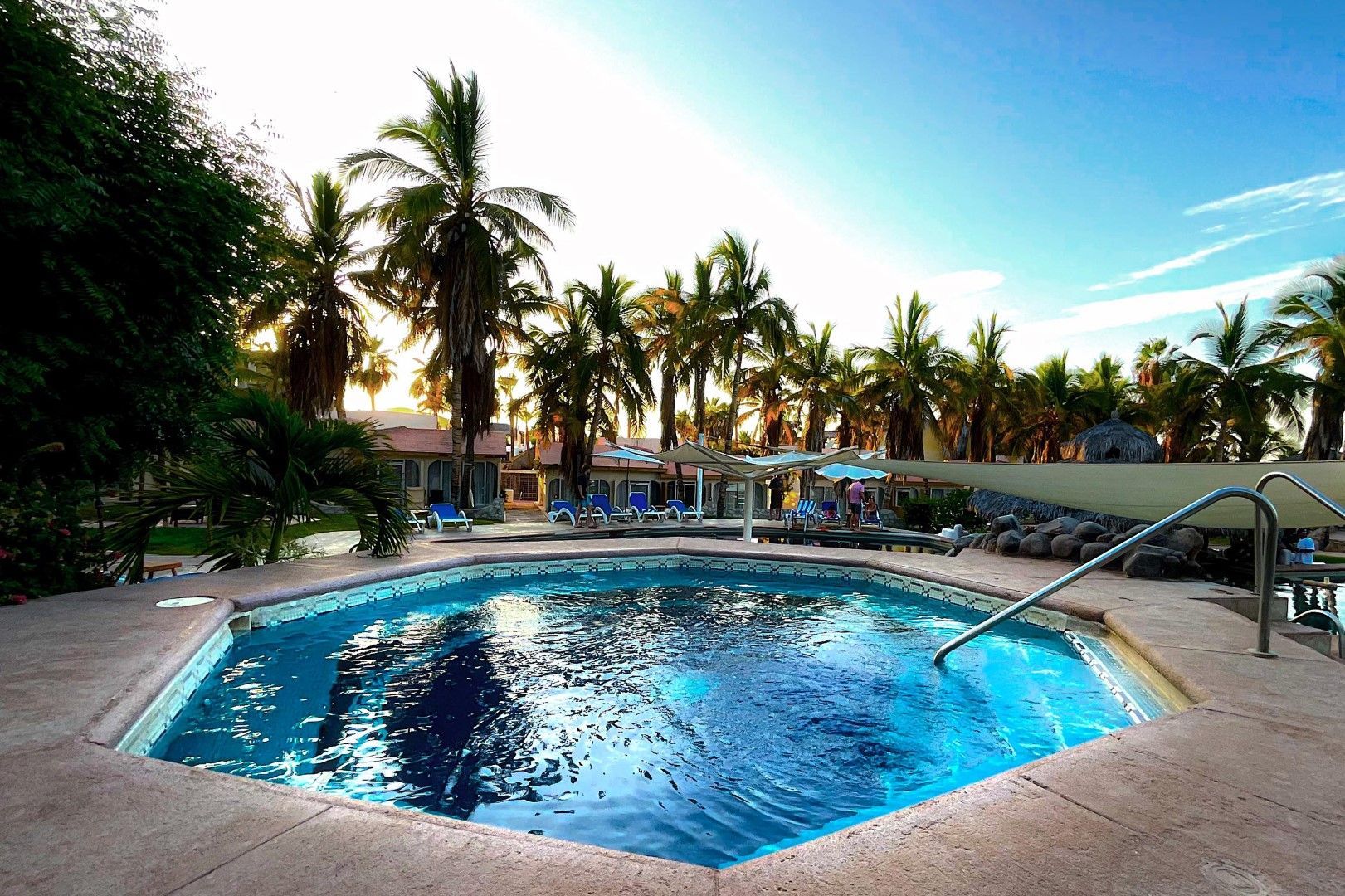 Uma grande piscina com palmeiras ao fundo