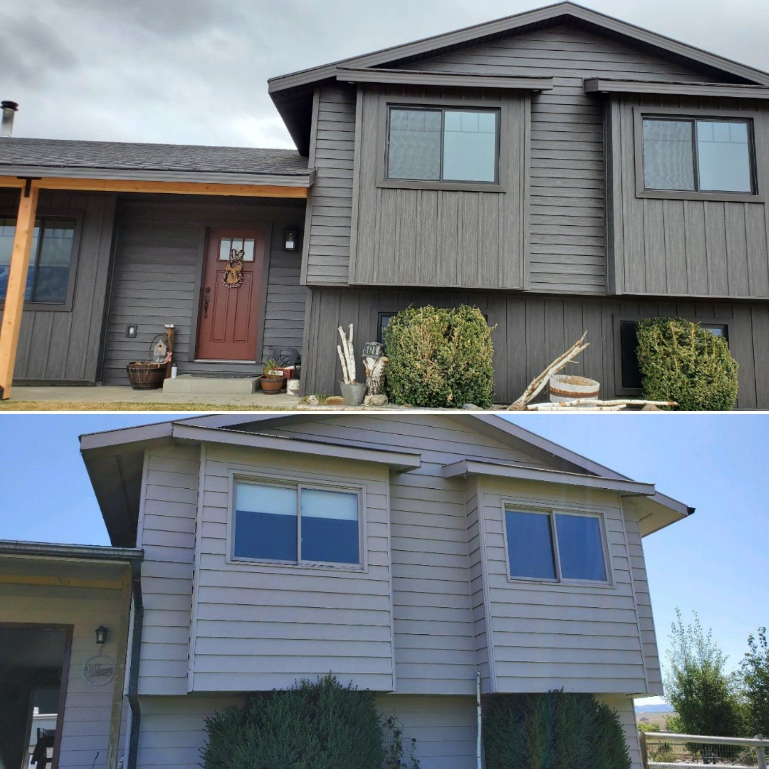 Two-story house with gray siding; top picture darker gray, bottom lighter. Windows, bushes, and a front door are visible.