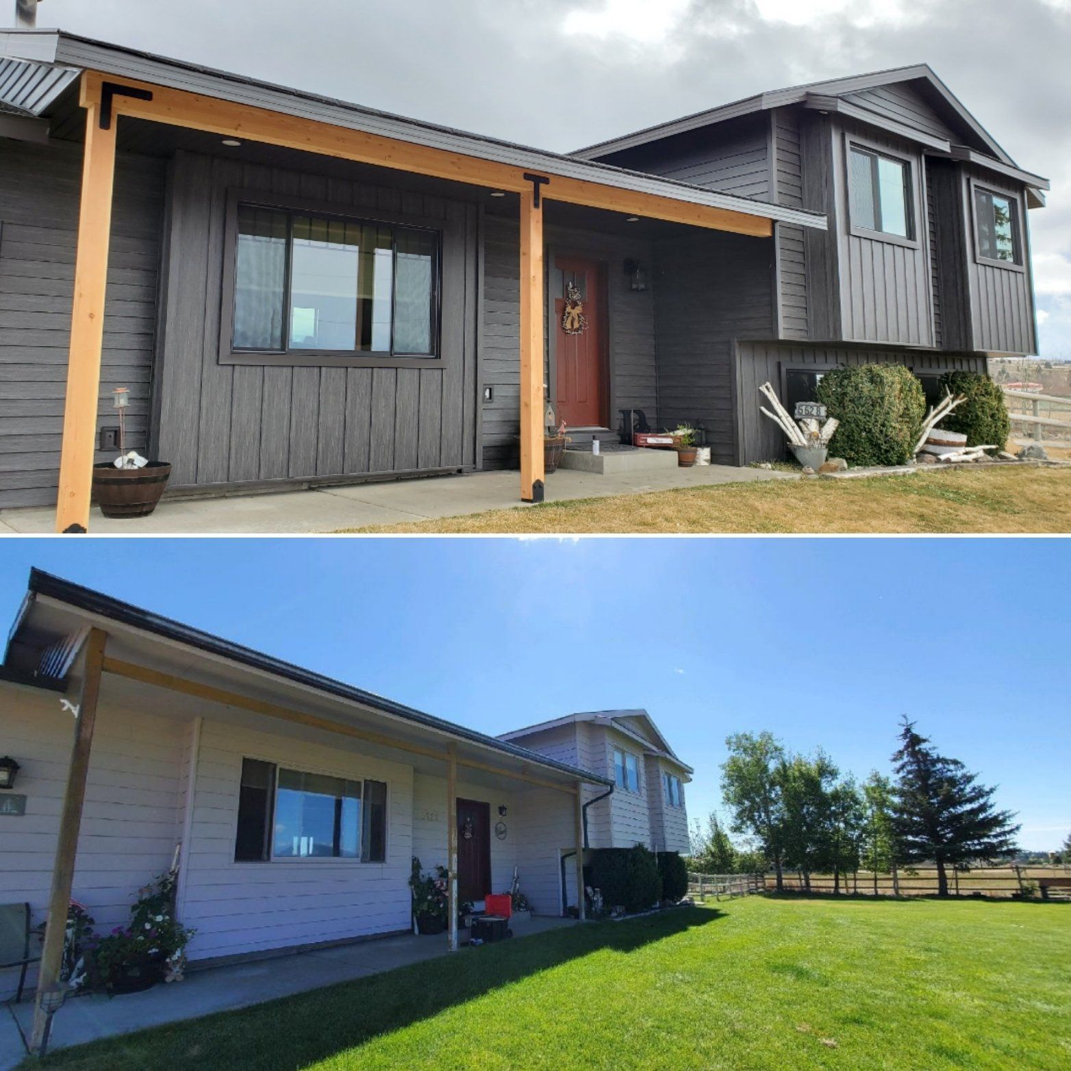 Two photos of a house; top shows gray siding, wooden porch; bottom shows white siding, green lawn.