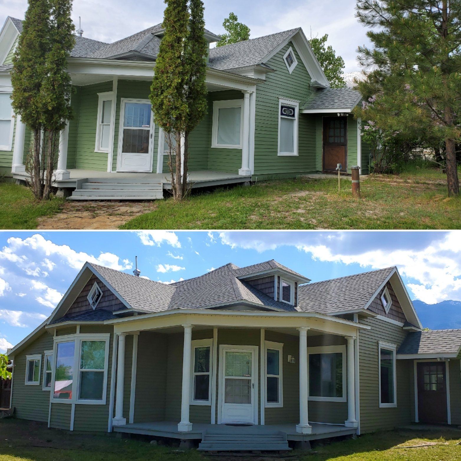 Before and after photos of a green house with white trim; the bottom photo shows a renovated house with a round porch.