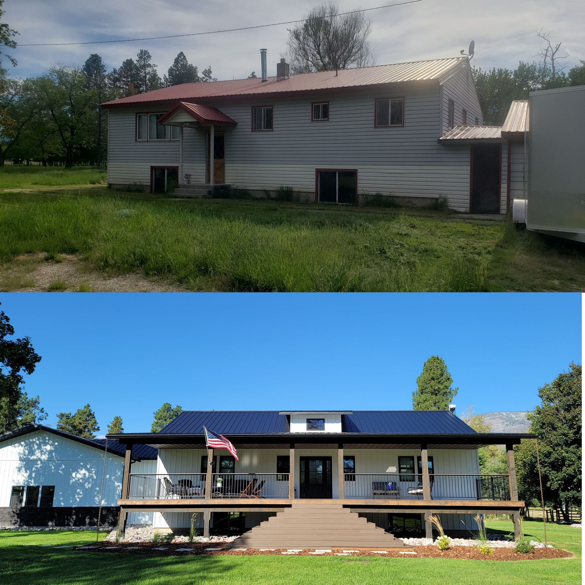 Before and after view of a house renovation, showing the old two-story house.
