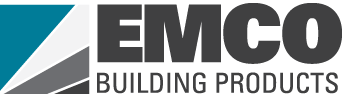 Logo for EMCO Building Products. Teal and gray graphic with dark gray text that reads “EMCO BUILDING PRODUCTS”.