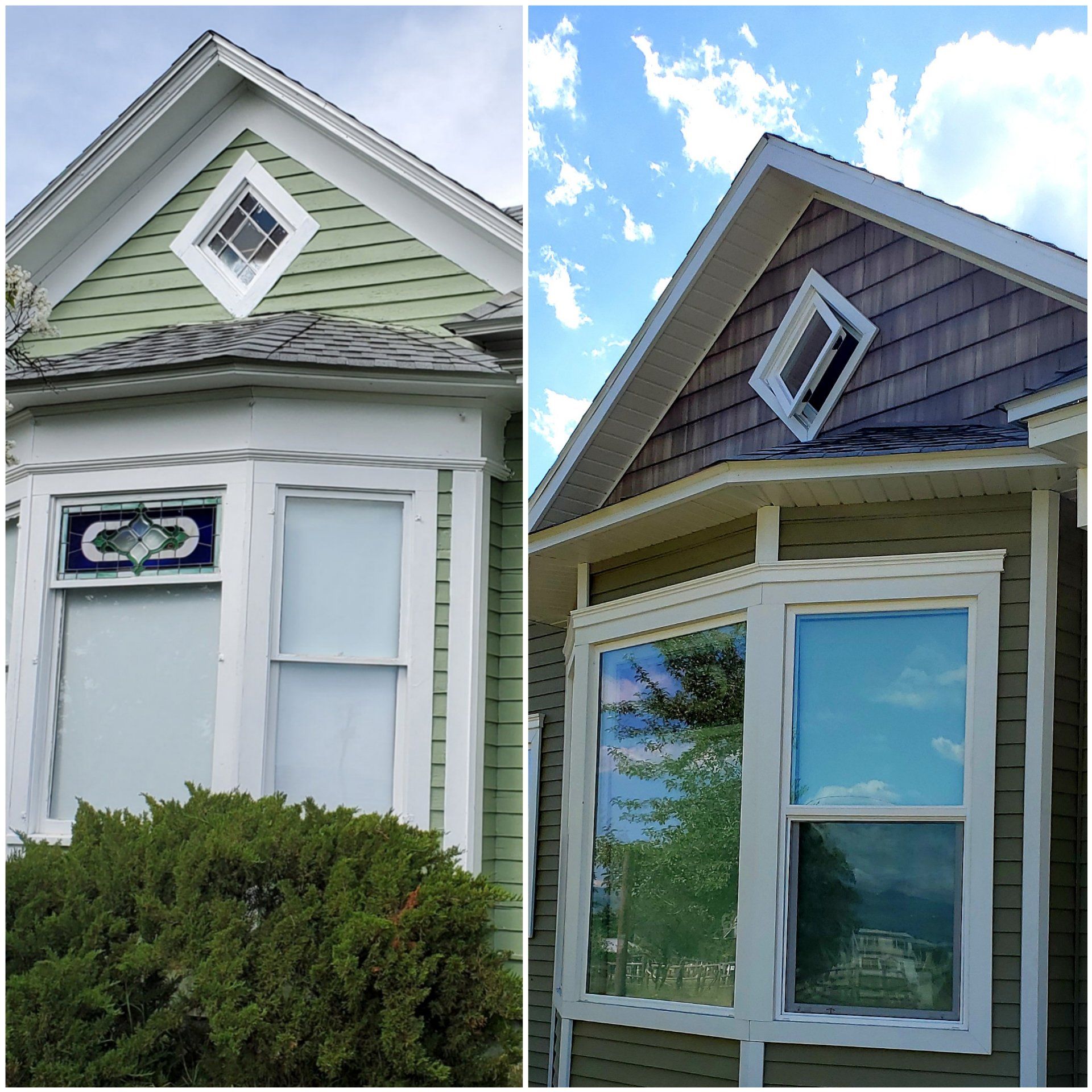 Two houses with bay windows, featuring diamond-shaped and rectangular windows in their gables.