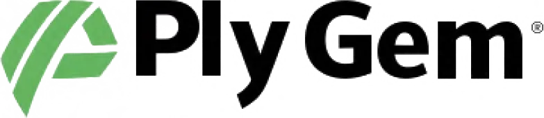 Logo of Ply Gem in black text with a green triangle design on the left.