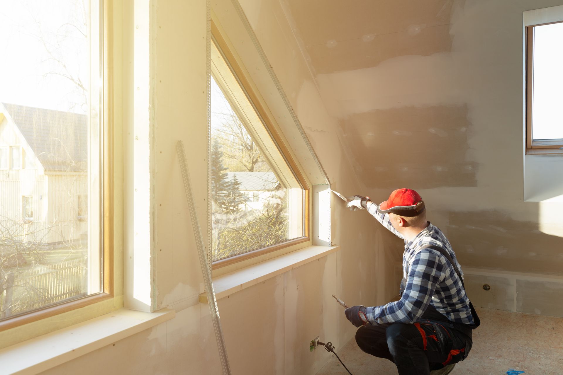A man is kneeling down in a room painting a wall.