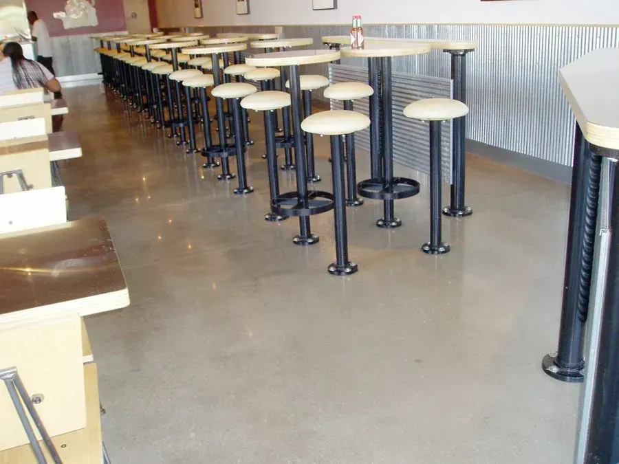 A restaurant with a lot of tables and stools