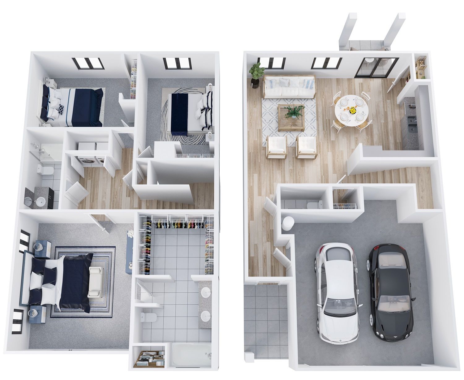 3D floor plan of a house with bedrooms, bathroom, kitchen, living area, and two-car garage