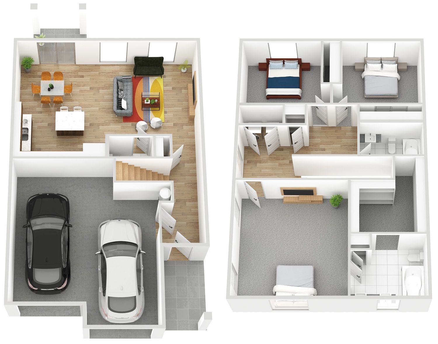 Top-down floor plan of a house with garage, kitchen, living area, and bedrooms.