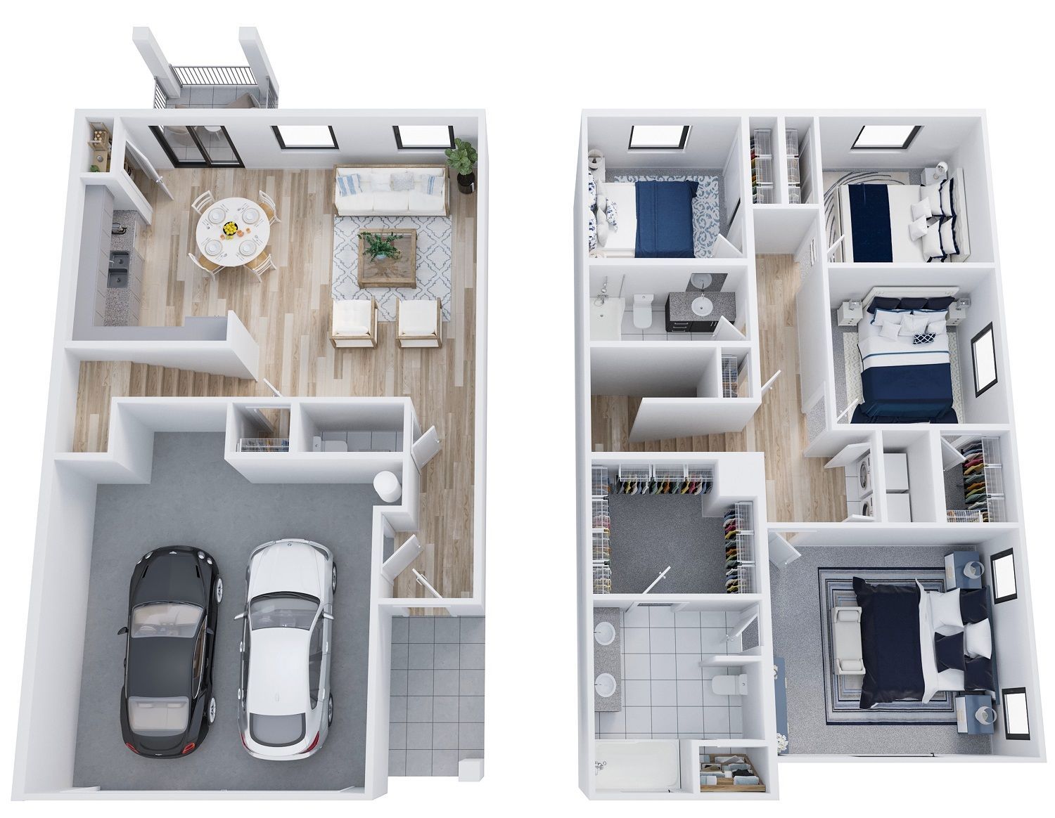 Two modern apartment floor plans shown side by side, one with garage and open living area, one with multiple bedrooms.