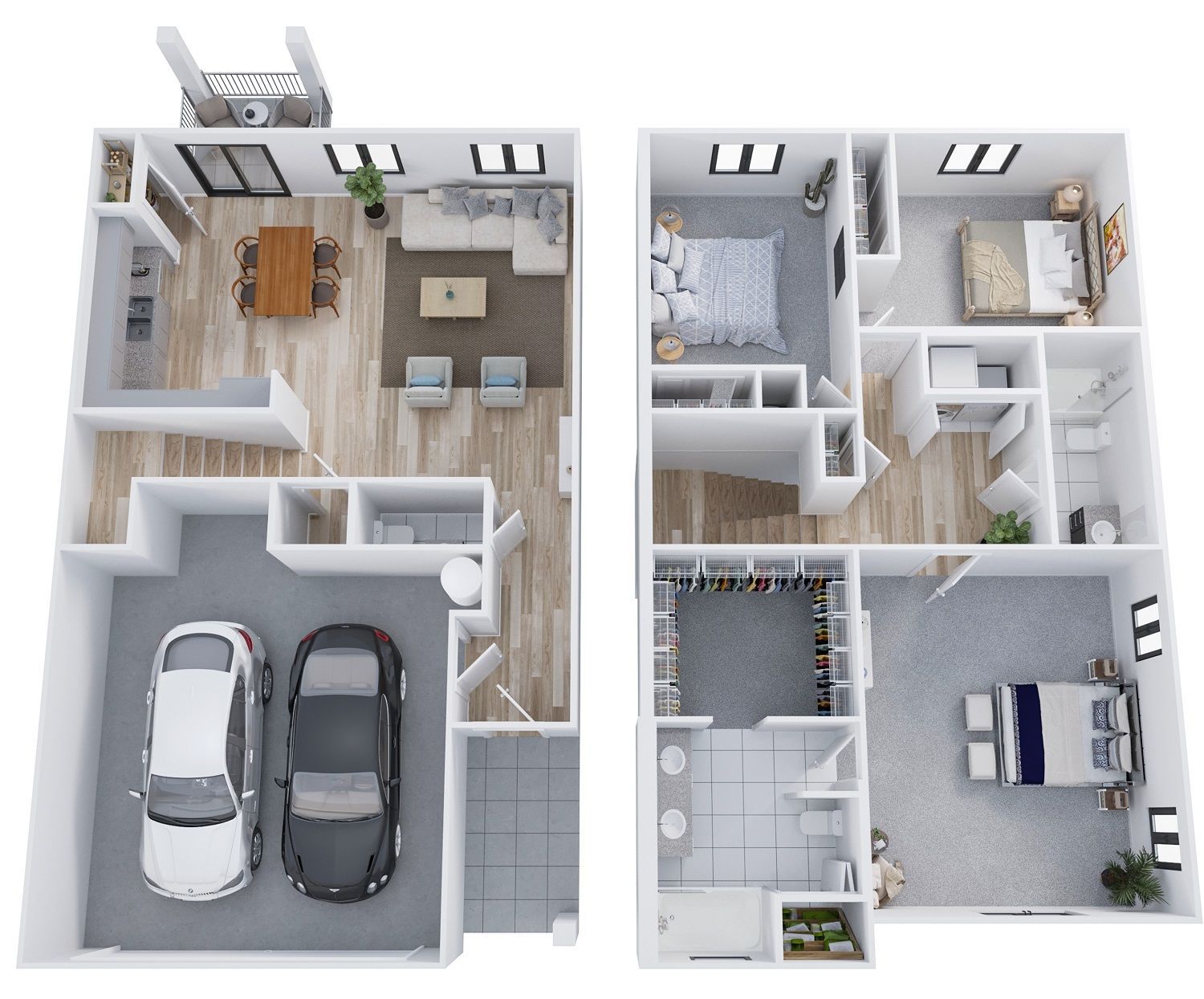 3D floor plan of a modern two-story house with garage, living room, bedrooms, bathrooms, and dining area