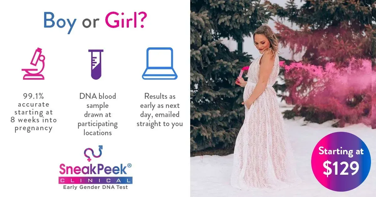 Pregnant woman in a snowy setting; gender reveal test with pink smoke. Text: Boy or Girl?, Starting at $129.