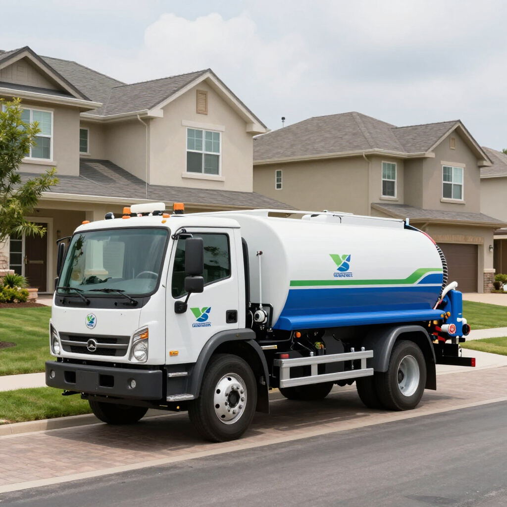 A white and blue vacuum truck parked on a residential street in front of two-story houses.