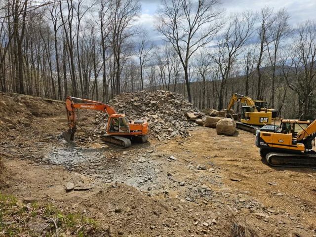 Aerial view of a person standing on dirt near a small yellow excavator in a partially landscaped yard with trees.