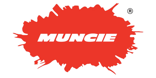 Red Muncie logo on a white background with a paint-splatter design