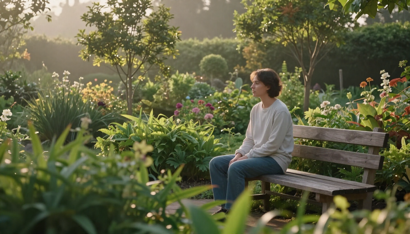 A person reflecting in a peaceful garden, signifying a moment of clarity for seeking help.