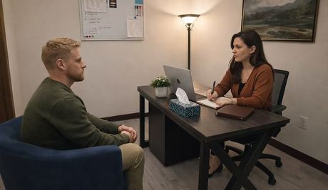 A person sitting in a blue armchair across from a professional at a desk during a consultation in an office.