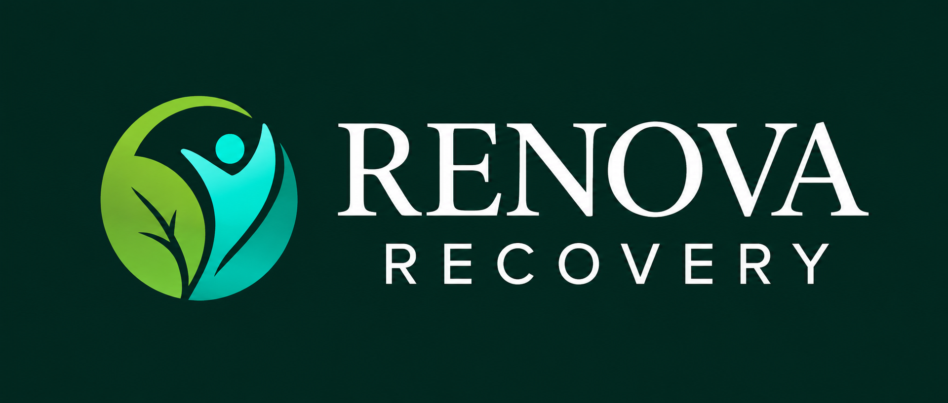 Renova Recovery logo with teal and green leaf icon on a black background