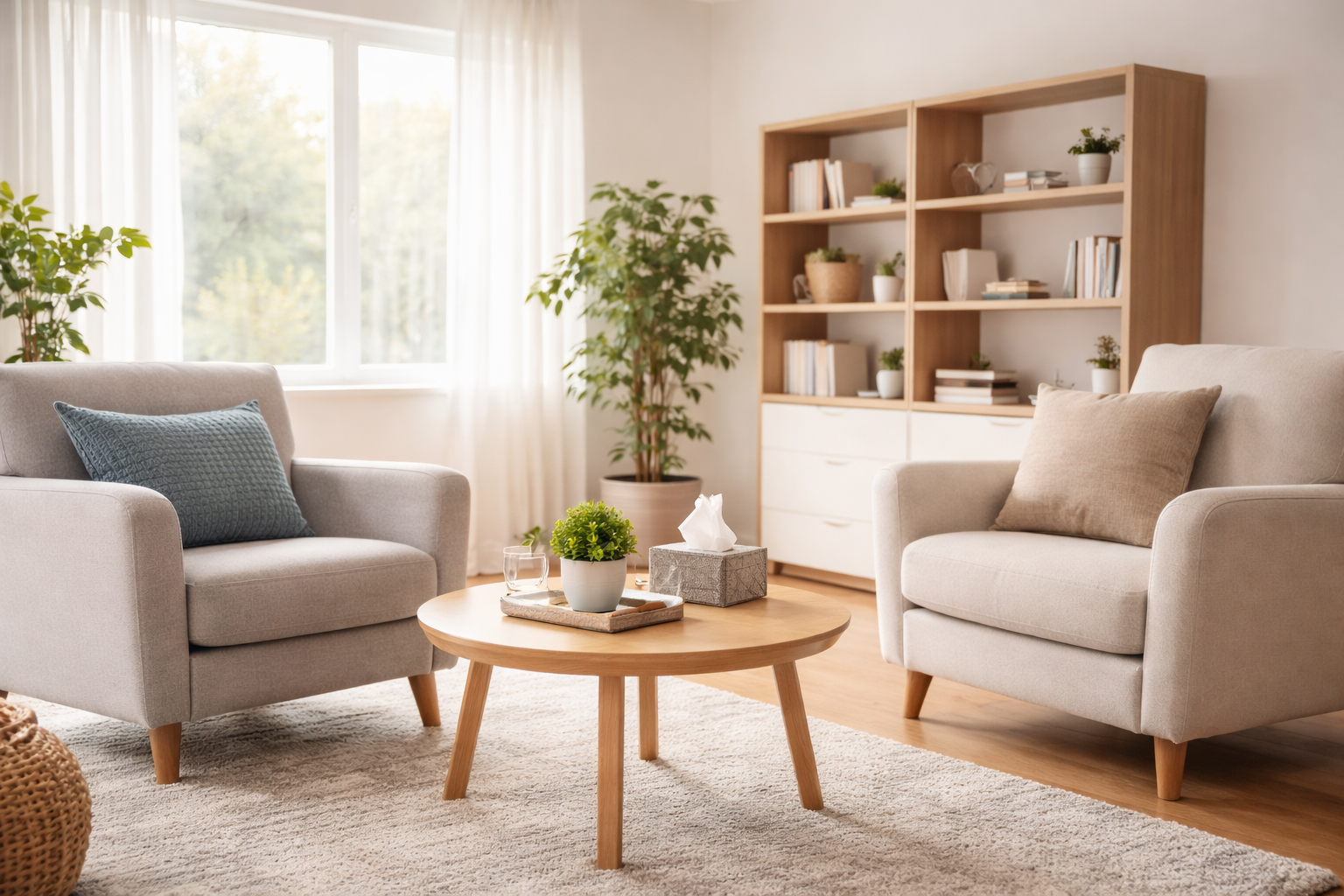A bright, minimalist living room with two light gray armchairs, a wooden coffee table, and a bookshelf against the wall.
