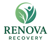 Logo for Renova Recovery featuring a circular icon with a leaf and a human figure, with the text below in dark green.