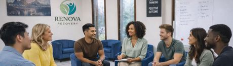 A diverse group of seven people sit in a circle in a professional office for a therapy or support group meeting.
