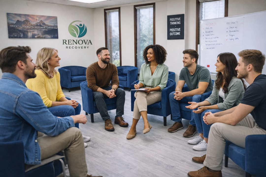 Live Group therapy session In our outpatient addiction treatment at Renova Recovery in Brick, NJ
