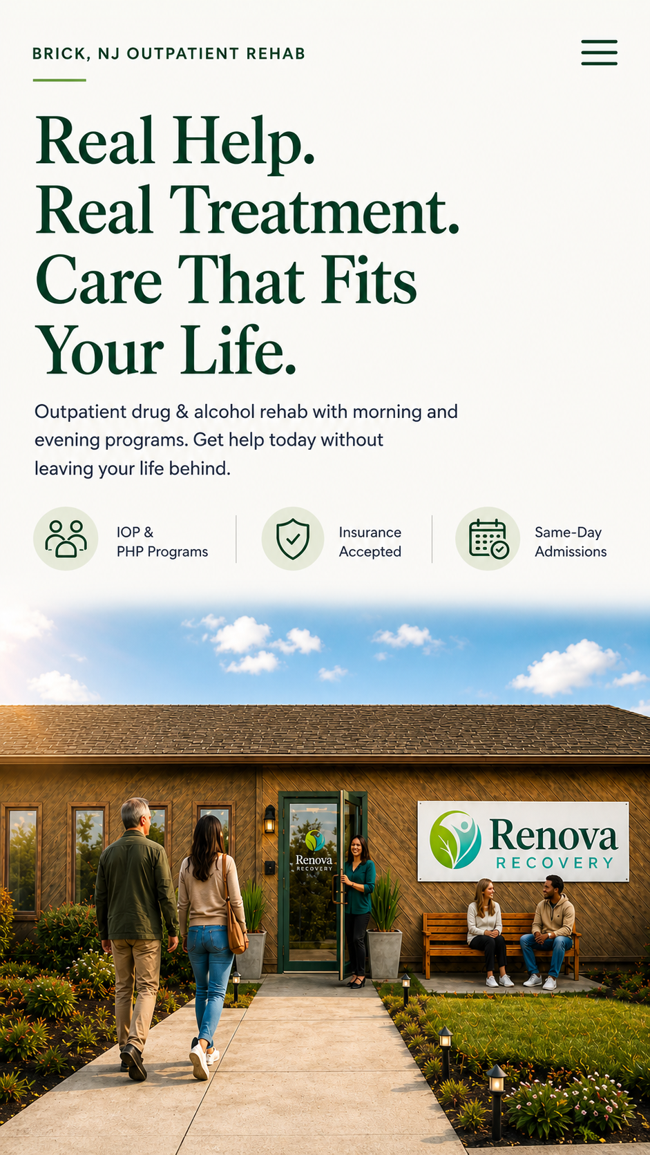 Two people walking to Renova treatment center under a sign reading “Real Help. Real Treatment. Care That Fits Your Life.”