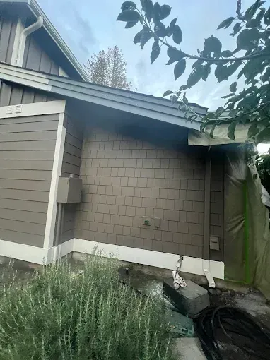 Brown shingled house exterior with white trim. Overcast day. Greenery in foreground.