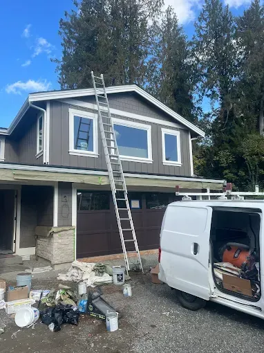 House exterior being painted with a ladder propped against the wall; a van is parked nearby.