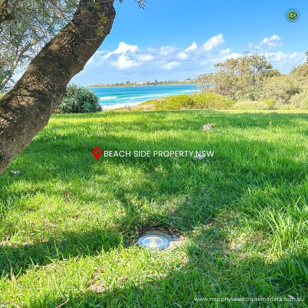 Lush green grass with a ground light, tree trunk, and a beach with blue water and sky in the background.