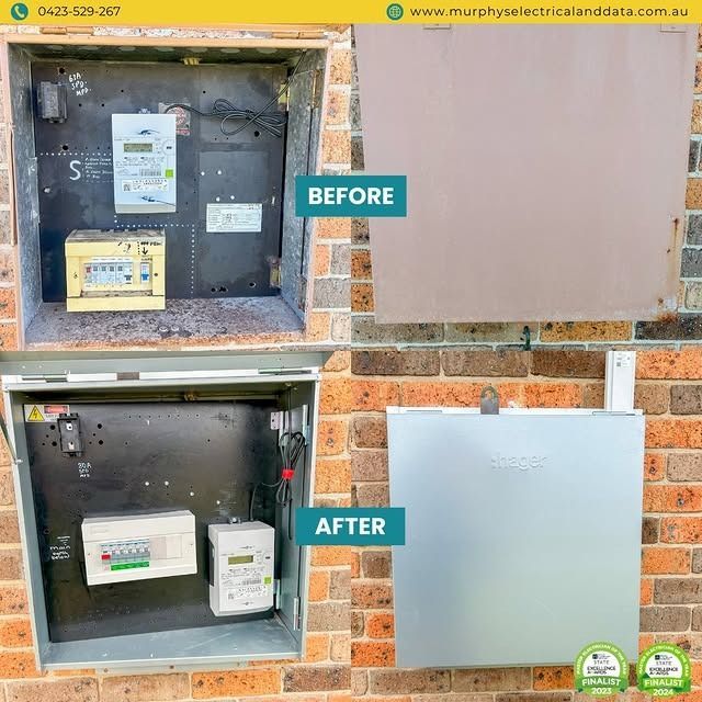 Before and after electrical meter box upgrade on brick wall.
