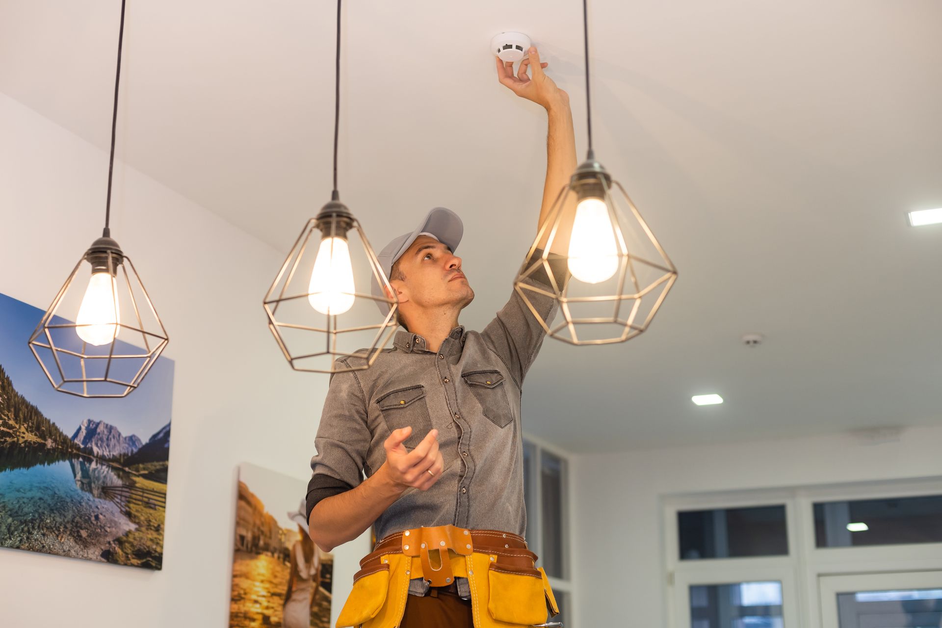 A technician in a work apron reaches up to adjust a smoke detector on a ceiling, surrounded by hanging pendant lights.