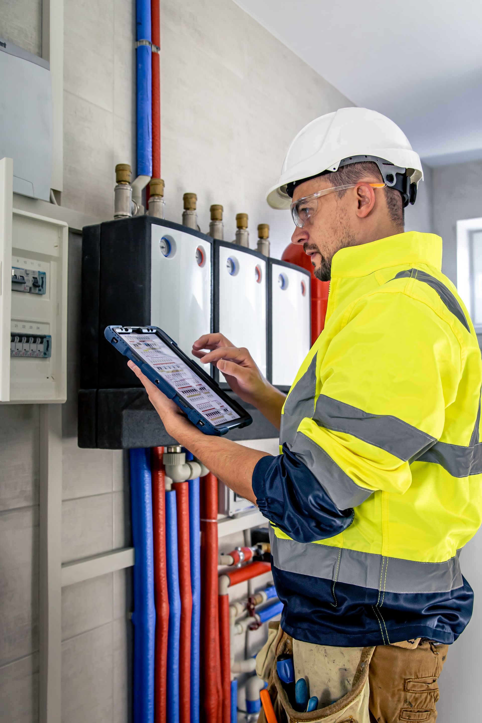 A technician in a hard hat and high-visibility jacket checks a tablet while working on industrial wall-mounted boilers.