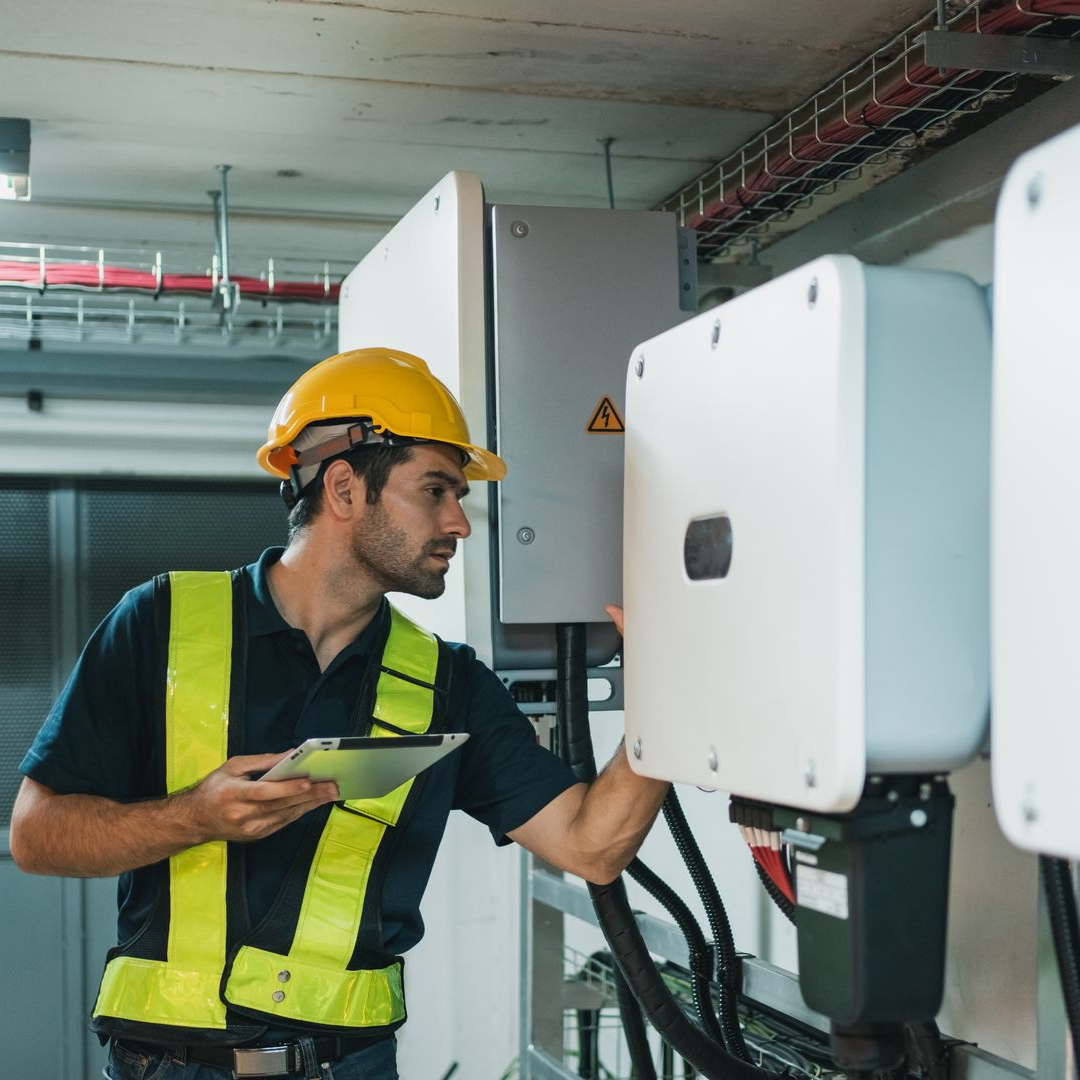 A technician wearing a yellow hard hat and high-visibility vest checks electrical solar inverter units with a tablet.