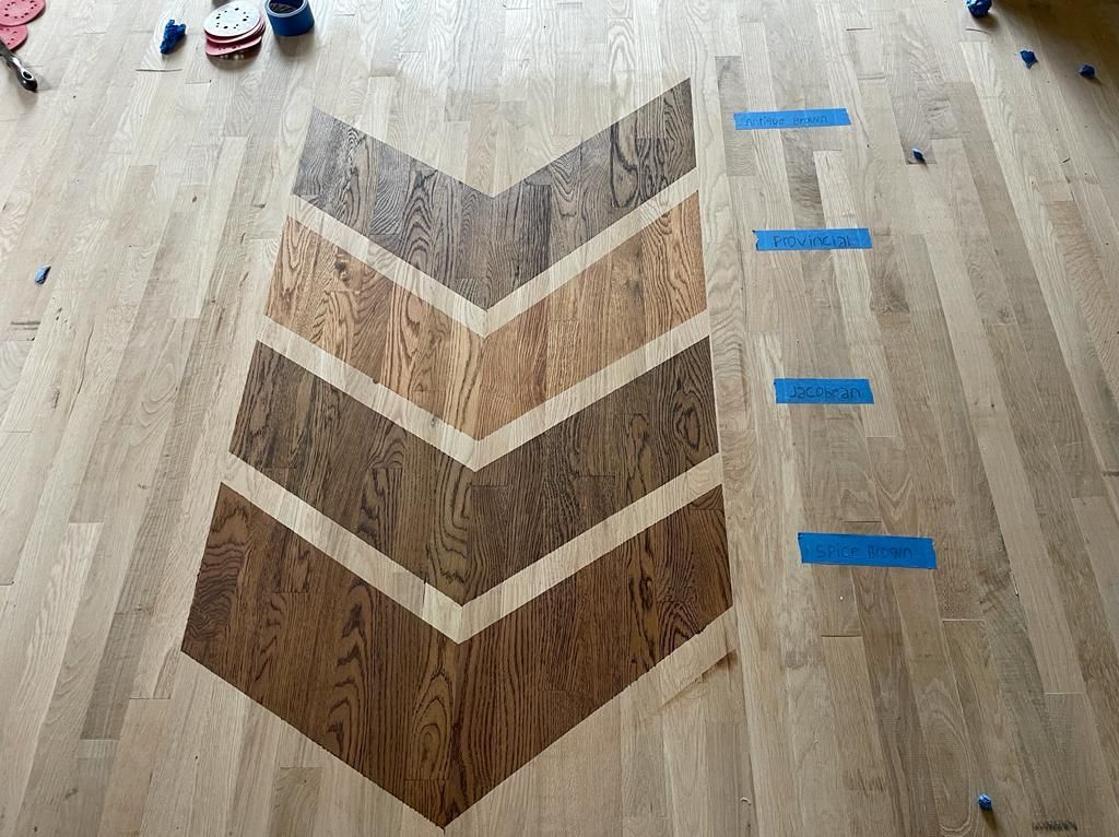 A wooden floor with a chevron pattern on it.